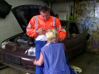 Big boobs blonde fucking with car mechanic on the car...cum in mouth