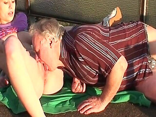 Hot Brunette Gets Eaten Out and Fingered by Older Guy Outdoors