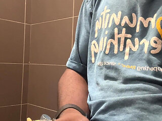 At Work In The Bathroom Again Jerking Off To The Point Where I Pre Cum enough To Eat My Pre Cum