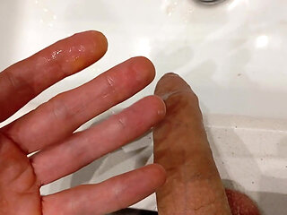 The Pig Shows You How Far the Cum in the Previous Video Splashed and His Big Cock Full of Semen