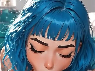 Alternative blue-haired AI girl gives a blowjob and gets cum in her mouth