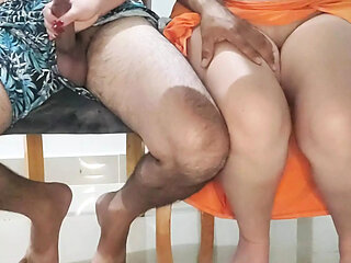 My stepsister's slut got too hot at dinner with our stepdads - we got caught but she kept riding - REAL - CASE