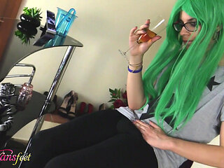 Colored Green Hair Tranny Masturbates at the Chair Next to a Piano
