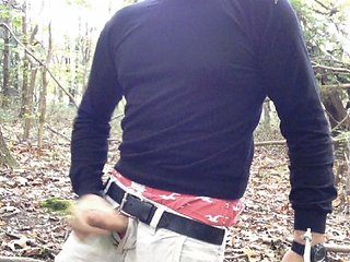 Public masturbation in the woods, showing a nice sag in my Hollister boxers and cargo shorts.