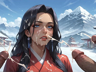 A Seductress Lies Sensually on Snow at a Japanese Shrine, Milk Spewing Out Down Her Body Against the Backdrop of Mount Fuji, Cherry Blossoms, and Torii Gates