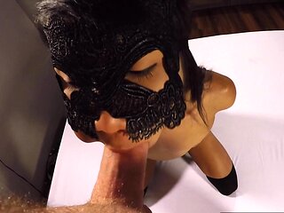Masked Asian shemale swallowed big cock