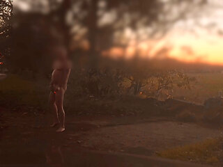 Risky public nudity at dusk, trapped naked outside whilst car pass by