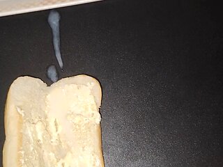 Femboy Trans Woman Makes a Jism Sandwich and Slurps it