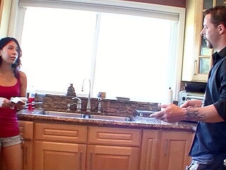 Skinny Step-Daughter with small Tits seduce Big Dick older Guy to Cheating Fuck when home alone