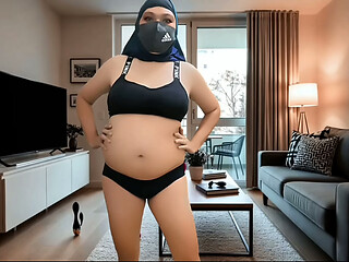Hijab pretty pregnant doctor alone at her sexy room feeling bored
