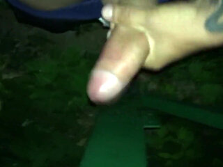 Loudly Night Cumshot on Light Pole. Fast Jerking