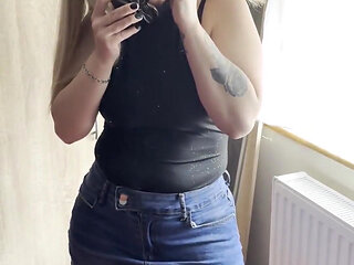 Masturbating with a Huge Black Cock in a Denim Miniskirt