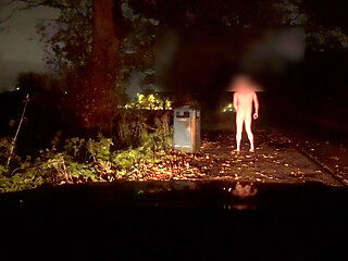 Wanking naked barefoot in road . Hiding in the field and infront of car so not caught by traffic