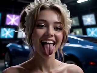 Beautiful woman with huge breast working at shop sport car, Ai animation