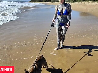 Bikini walking on a Public beach