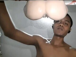 Solo guy has a steamy session with a big black cock and a fleshlight