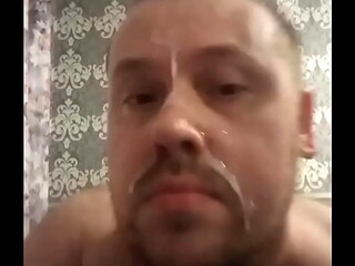 Gay man from Russia eats fresh cum and pours it all over his face!