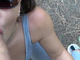 Man watching the girl as she practices yoga, public blowjob in a park, 4!