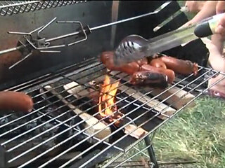 Outdoor hairy pussy fucking anal penetrated threesome in the garden