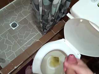 Two Shots of Cum on the Pee in the Bathroom