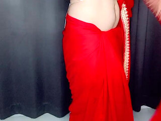 Indian stepmom celebration karwachauth wearing red saree and red bra panty