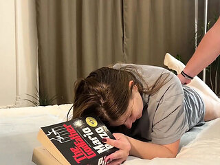 Quick Anal Creampie Interrupts Reading - Petite Brunette Gets Rough Ass Pounding