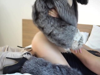 Fur coat fetish! Furry foxy fuck in fursuit, fur coat, foxtail anal plug. ROLEPLAY