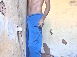 Skinny feels horny when he leans against the wall, and ends up cumming all over!