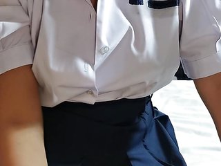 POV Fuck Thai student 18 years old  dress fuck with tea...