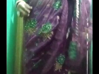 Indian Gay Crossdresser Bottom Gaurisissy showing her full body and pressing and playing with her big boobs in purple saree real xxx naked