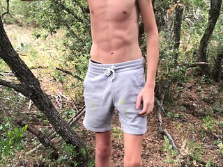 Horny Twink Strips in The Forest - Abs & Feet Tease, Pisses in Underwear & Socks, Then Jerks off Big Load