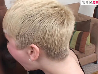 Blonde sucks a huge black cock then gets a mouth cumshot