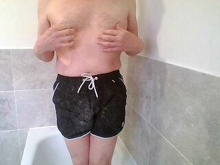 Desperate piss in cum splattered swim shorts.