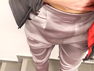 I piss 2 times in my satin outfit with pantyhose and highheels outdoor