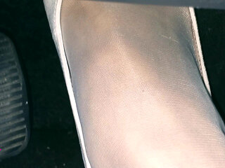 Revving and Crazy Pedal Pumping in White Stockings and White High Peeptoed Heeled Sandals