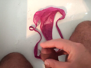 Handjob on the beautiful pink thong my cousin's girlfriend thong tanga panties sperm
