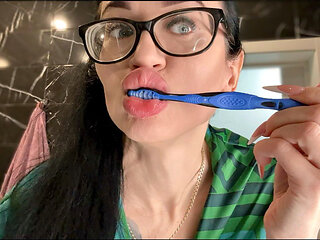 Brushing My Teeth, Silk Robe and Bra on Me, Glamour MILF with Glasses and Big Lips