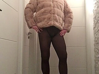 Nicki-Crossdress sexy black Pantyhose, naked, High-Heels shows her Tits