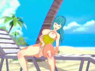 Maron in yellow swimsuit masturbates on the beach - Dragon Ball Z