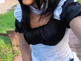 The sister wears a mask and shows off.