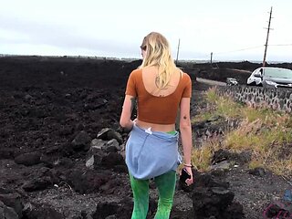 Amateur blonde jerks off cock outdoors
