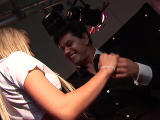 The guitarist fucks a cute blonde lassie and sprays her body with his urine at the end