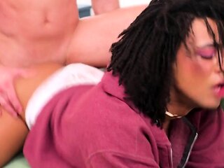 Fit nubian trap spoils white cock