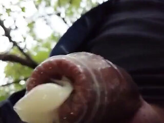 Boy Walks with Cum Filled Condom on His Uncut Dick After Fuck Outdoor