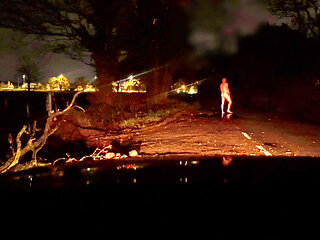 Risky naked walk barefoot and naked jerking and twerking with no where to hide if a car passes