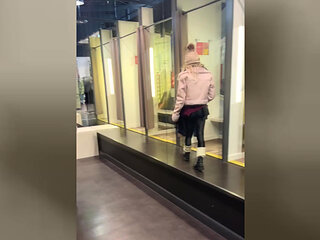 Public in a nylon open-crotch catsuit! Cute tranny girl cums while shopping!