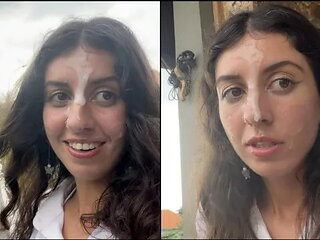 Walking with Cum on Face in Cafe - Girl Eats Pizza and Swallows Cum