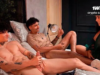 What are they doing? Stepson and his friend masturbate and their stepmother dec