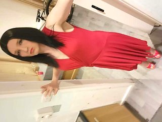 crossdresser wanking in red dress