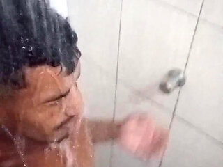 Brazilian Brunette 16cm Thick in the Shower - Hairy Hard Cock Taking a Hot Shower